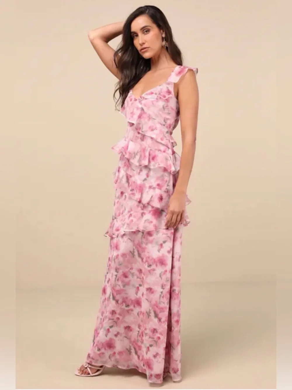 NWT Lulu's Pink Floral Ruffle-Tier Open Back with Tie Maxi Dress XL - Picture 3 of 9